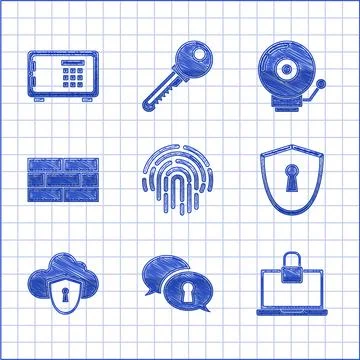Set Fingerprint, Protection of personal data, Laptop and lock, Shield with Stock Illustration