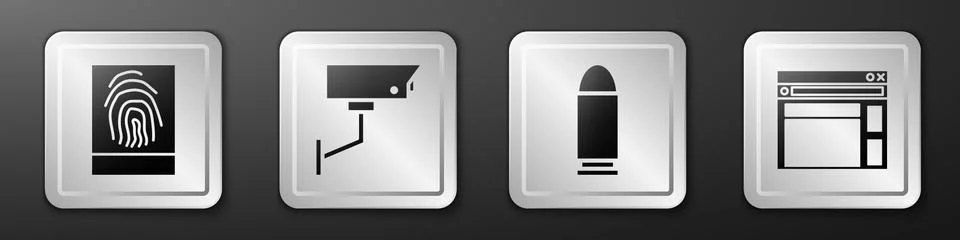 Set Fingerprint, Security camera, Bullet and Website template icon. Silver Ilustración de archivo