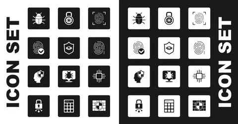Set Fingerprint, Shield and eye, System bug, Safe combination lock, Processor Illustrazione stock