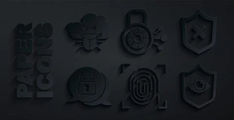Set Fingerprint, Shield with cross mark, Cyber security, and eye, and System bug Stock Illustration