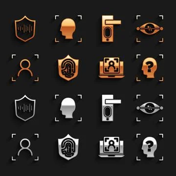 Set Fingerprint in shield, Eye scan, Face recognition, Laptop with face, door Illustration