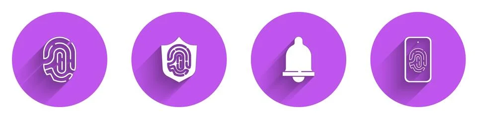 Set Fingerprint, shield, Motion sensor and Mobile with fingerprint scan icon Stock Illustration