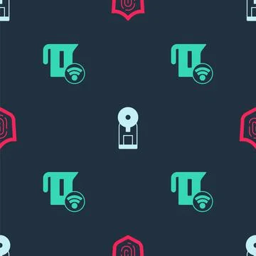 Set Fingerprint, Smart coffee machine and electric kettle on seamless pattern Illustrazione stock