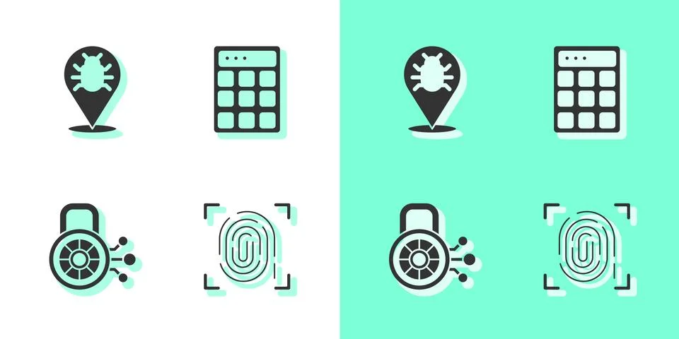 Set Fingerprint, System bug, Cyber security and Password protection icon. Vector Stock Illustration