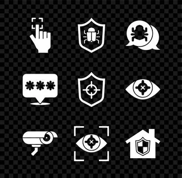Set Fingerprint, System bug, Security camera, Eye scan, House under protection 스톡 일러스트