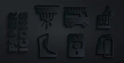 Set Fire alarm system, in burning building, boots, extinguisher, truck and Smoke Ilustración de archivo