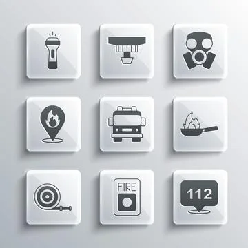 Set Fire alarm system, Emergency call, Pan with fire, truck, hose reel, Location Stock Illustration