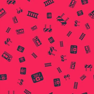 Set Fire alarm system, escape, truck and Road barrier on seamless pattern Ilustración de archivo