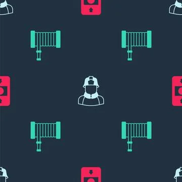 Set Fire alarm system, Firefighter and hose reel on seamless pattern. Vector Stock Illustration