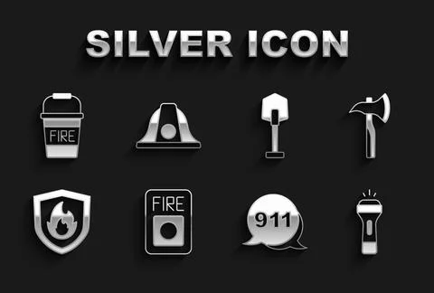 Set Fire alarm system, Firefighter axe, Flashlight, Emergency call 911 Illustration