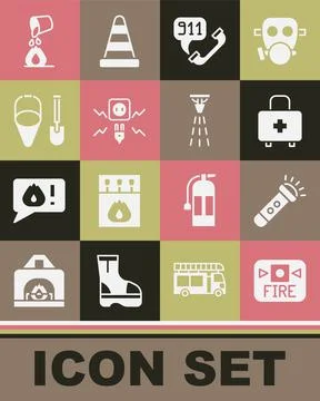 Set Fire alarm system, Flashlight, First aid kit, Telephone call 911 Stock Illustration