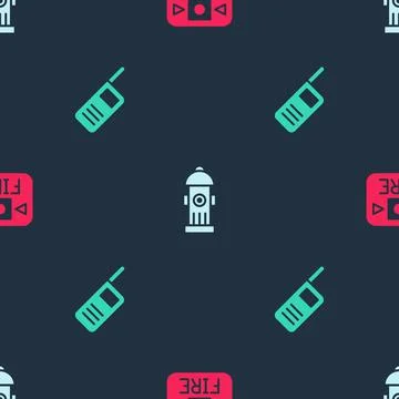 Set Fire alarm system, hydrant and Walkie talkie on seamless pattern. Vector Illustrazione stock