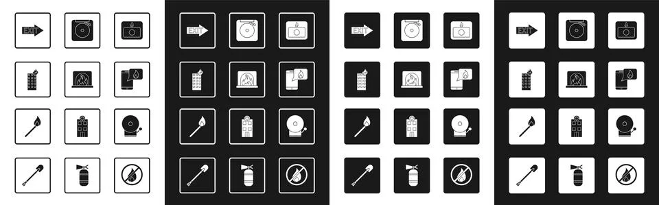 Set Fire alarm system, Interior fireplace, in burning building, exit, Phone with Ilustración de archivo