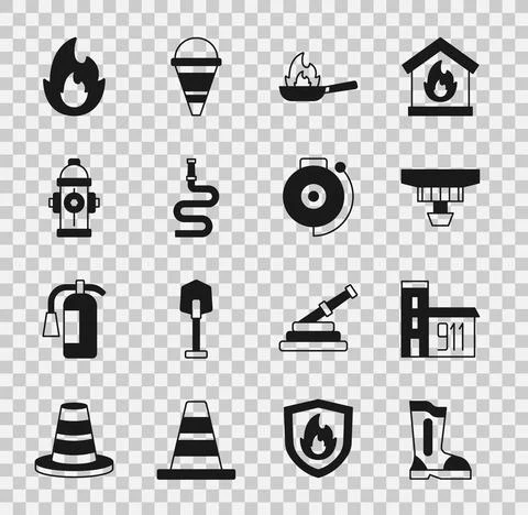 Set Fire boots, Building of fire station, Smoke alarm system, Pan with, hose Ilustración de archivo