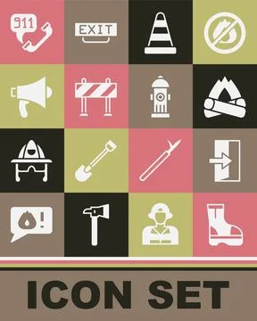 Set Fire boots, exit, Campfire, Traffic cone, Road barrier, Megaphone, Teleph Illustration