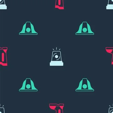 Set Fire boots, Flasher siren and Firefighter helmet on seamless pattern. V.. Stock Illustration