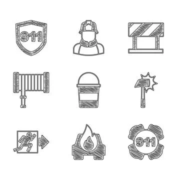 Set Fire bucket, Burning car, Emergency call 911, Firefighter axe, exit, hose Illustration