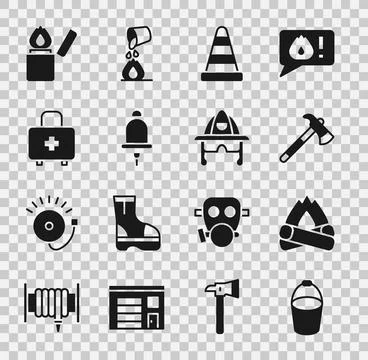 Set Fire bucket, Campfire, Firefighter axe, Traffic cone, Ringing alarm bell Illustration