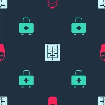 Set Fire bucket, Evacuation plan and First aid kit on seamless pattern. Vector 스톡 일러스트
