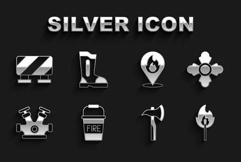 Set Fire bucket, Firefighter, Burning match with fire, axe, hydrant, Location Illustration