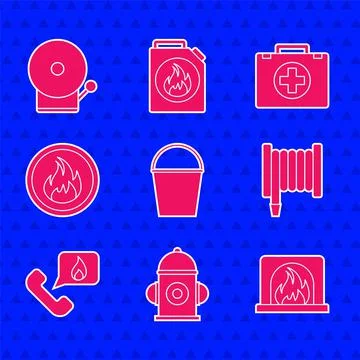 Set Fire bucket, hydrant, Interior fireplace, hose reel, Telephone with Stock Illustration