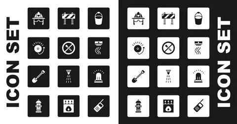 Set Fire bucket, No fire match, Ringing alarm bell, Firefighter helmet, Smoke Illustration