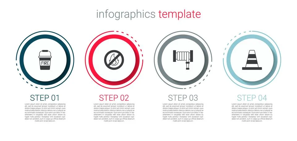 Set Fire bucket, No fire, hose reel and Traffic cone. Business infographic .. Stock Illustration