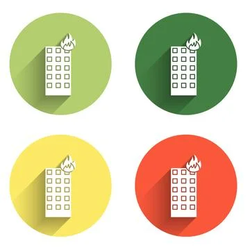 Set Fire in burning building on city street icon isolated with long shadow .. Ilustración de archivo