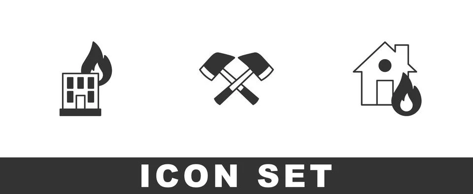 Set Fire in burning building, Firefighter axe and house icon. Vector Ilustración de archivo