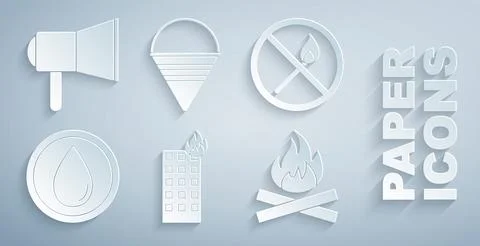 Set Fire in burning building, No fire match, Water drop, Campfire, cone bucket Ilustración de archivo