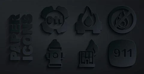 Set Fire in burning building, No fire, hydrant, Emergency call 911, Burning car Ilustración de archivo