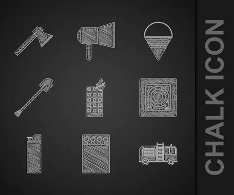 Set Fire in burning building, Open matchbox and matches, truck, hose cabinet Ilustración de archivo
