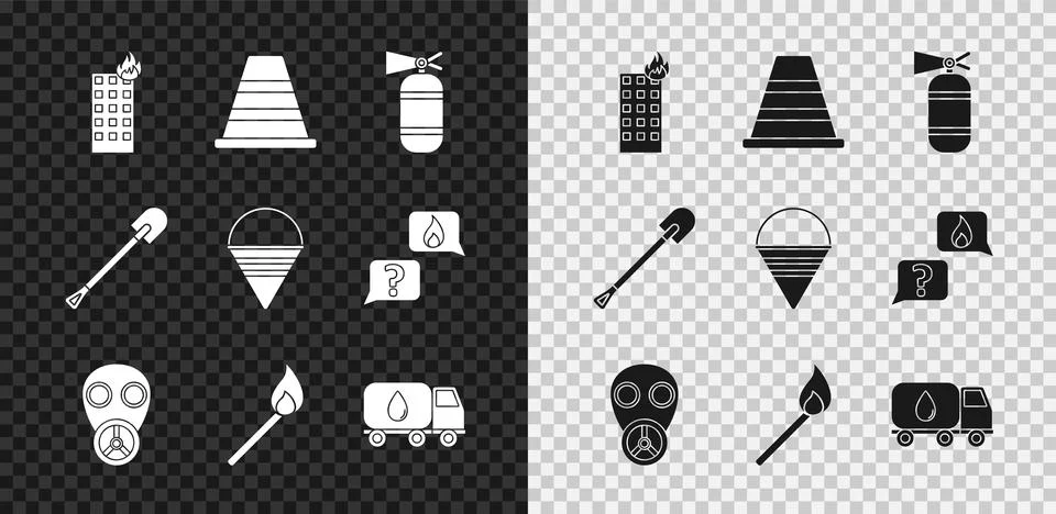 Set Fire in burning building, Traffic cone, extinguisher, Gas mask, Burning Illustration