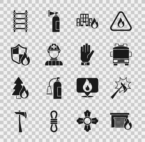 Set Fire in burning garage, Firefighter axe, truck, buildings, protection shield Ilustración de archivo