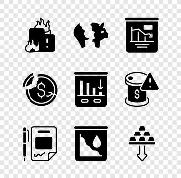 Set Fire in burning house, Broken piggy bank, Pie chart infographic, Contra.. 库存插图