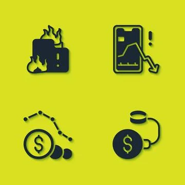 Set Fire in burning house, Debt ball chained to coin, Dollar rate decrease .. Stock Illustration