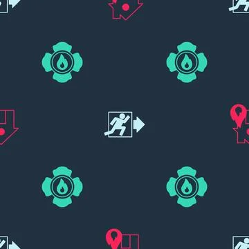Set Fire in burning house, exit and Firefighter on seamless pattern. Vector Stockillustratie
