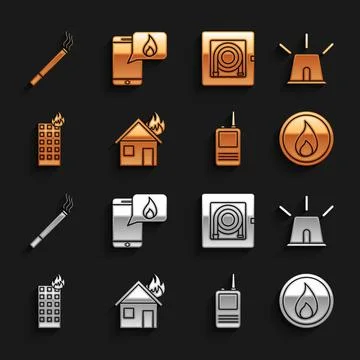 Set Fire in burning house, Flasher siren, flame, Walkie talkie, building, hose Ilustración de archivo