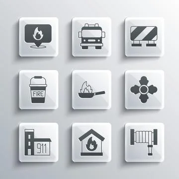Set Fire in burning house, hose reel, Firefighter, Pan with fire, Building .. Stock Illustration