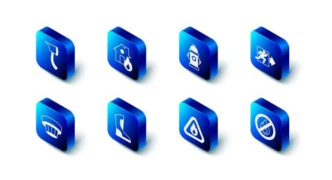 Set Fire in burning house, hydrant, exit, No fire, flame triangle, boots, S.. Stock Illustration