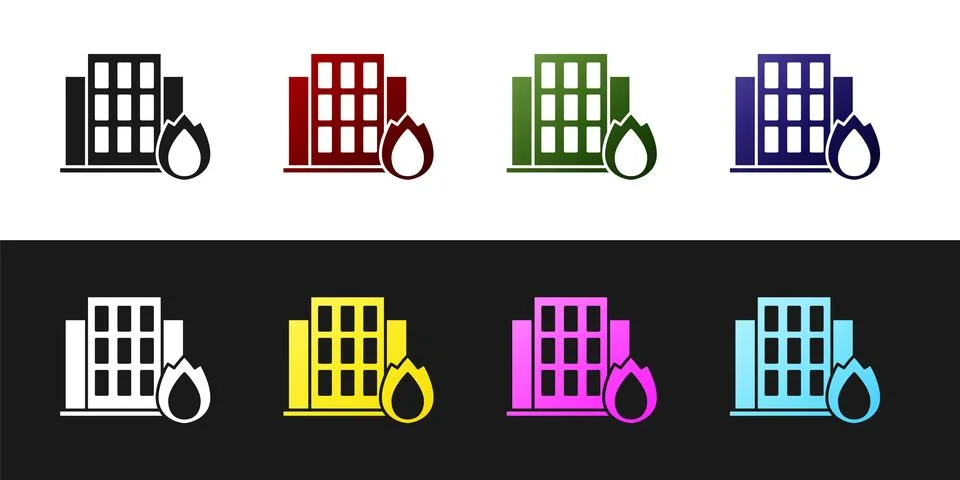 Set Fire in burning house icon isolated on black and white background. Insu.. Stock Illustration