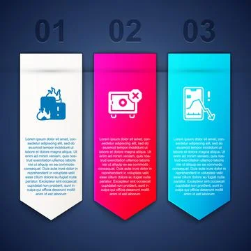 Set Fire in burning house, Safe and Mobile stock trading. Business infographic Stock Illustration