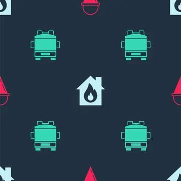 Set Fire cone bucket, in burning house and truck on seamless pattern. Vector Stock Illustration