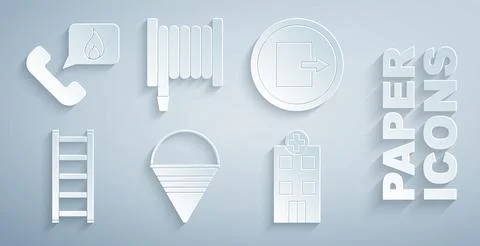 Set Fire cone bucket, exit, escape, Medical hospital building, hose reel and Ilustración de archivo