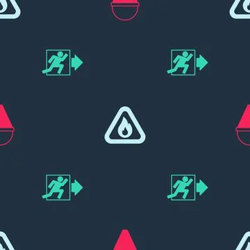 Set Fire cone bucket, flame in triangle and exit on seamless pattern. Vector Stockillustratie