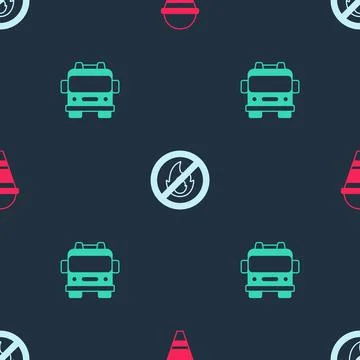 Set Fire cone bucket, No fire and truck on seamless pattern. Vector Stockillustratie
