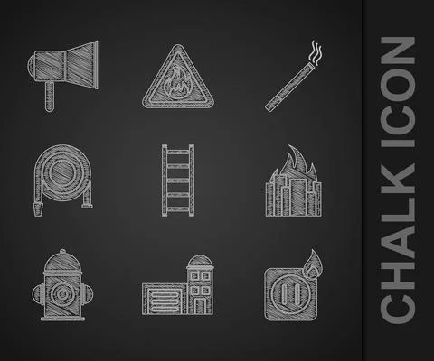 Set Fire escape, Building of fire station, Electric wiring socket, burning Stock Illustration