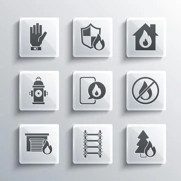 Set Fire escape, Burning forest tree, No fire, Phone with emergency call 91.. Stock-Illustration
