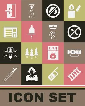 Set Fire escape, exit, No fire match, Ringing alarm bell, Building of stati.. Ilustración de archivo