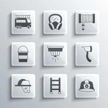 Set Fire escape, Firefighter helmet, axe, Smoke alarm system, bucket, truck and Stock Illustration
